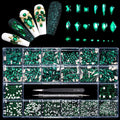 Yzzseven 12 Types Green 600 Diamonds + 2500 Flat Rhinestones – DIY Nail Art Crystal Kit with Tweezers & Drill Pen
