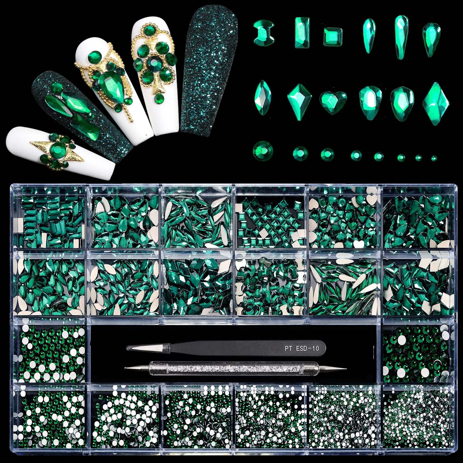 Yzzseven 12 Types Green 600 Diamonds + 2500 Flat Rhinestones – DIY Nail Art Crystal Kit with Tweezers & Drill Pen