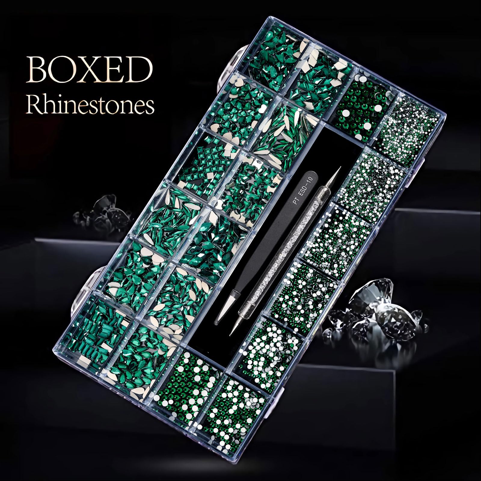 Yzzseven 12 Types Green 600 Diamonds + 2500 Flat Rhinestones – DIY Nail Art Crystal Kit with Tweezers & Drill Pen