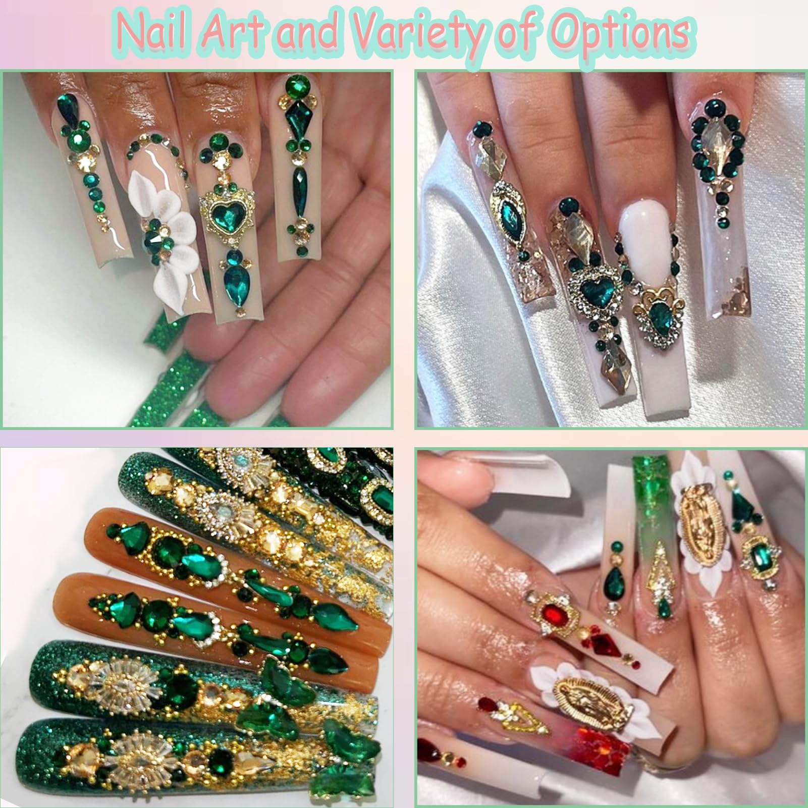 Yzzseven 12 Types Green 600 Diamonds + 2500 Flat Rhinestones – DIY Nail Art Crystal Kit with Tweezers & Drill Pen