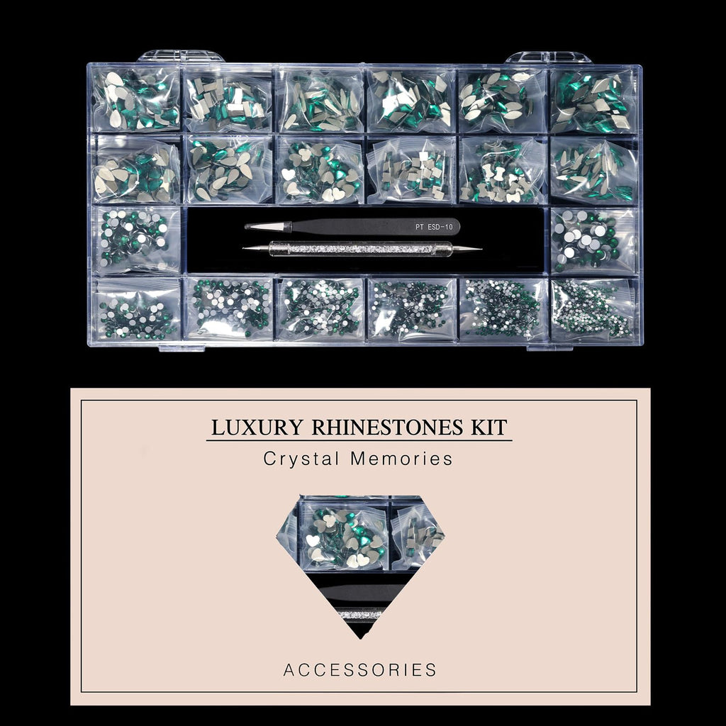 Yzzseven 12 Types Green 600 Diamonds + 2500 Flat Rhinestones – DIY Nail Art Crystal Kit with Tweezers & Drill Pen