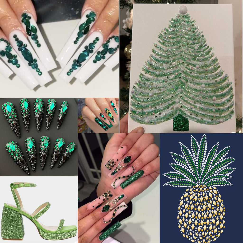Yzzseven 12 Types Green 600 Diamonds + 2500 Flat Rhinestones – DIY Nail Art Crystal Kit with Tweezers & Drill Pen