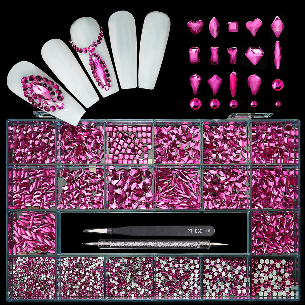 Yzzseven Rose Pink Diamonds & 2100 Flat Rhinestones – 20 Styles DIY Nail Art Crystals