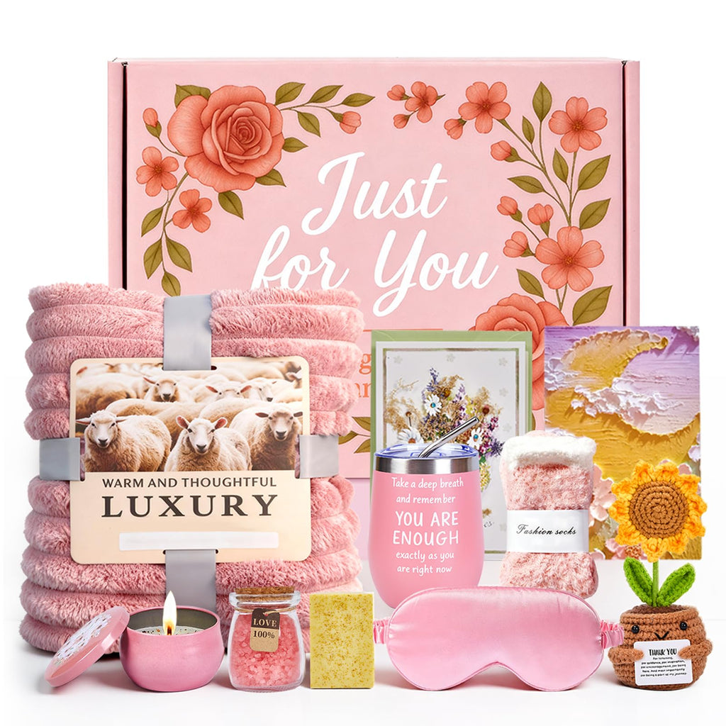 ZAHAT Cozy Self-Care Gift Set for Women — Blanket, 12oz Insulated Mug, Socks & More
