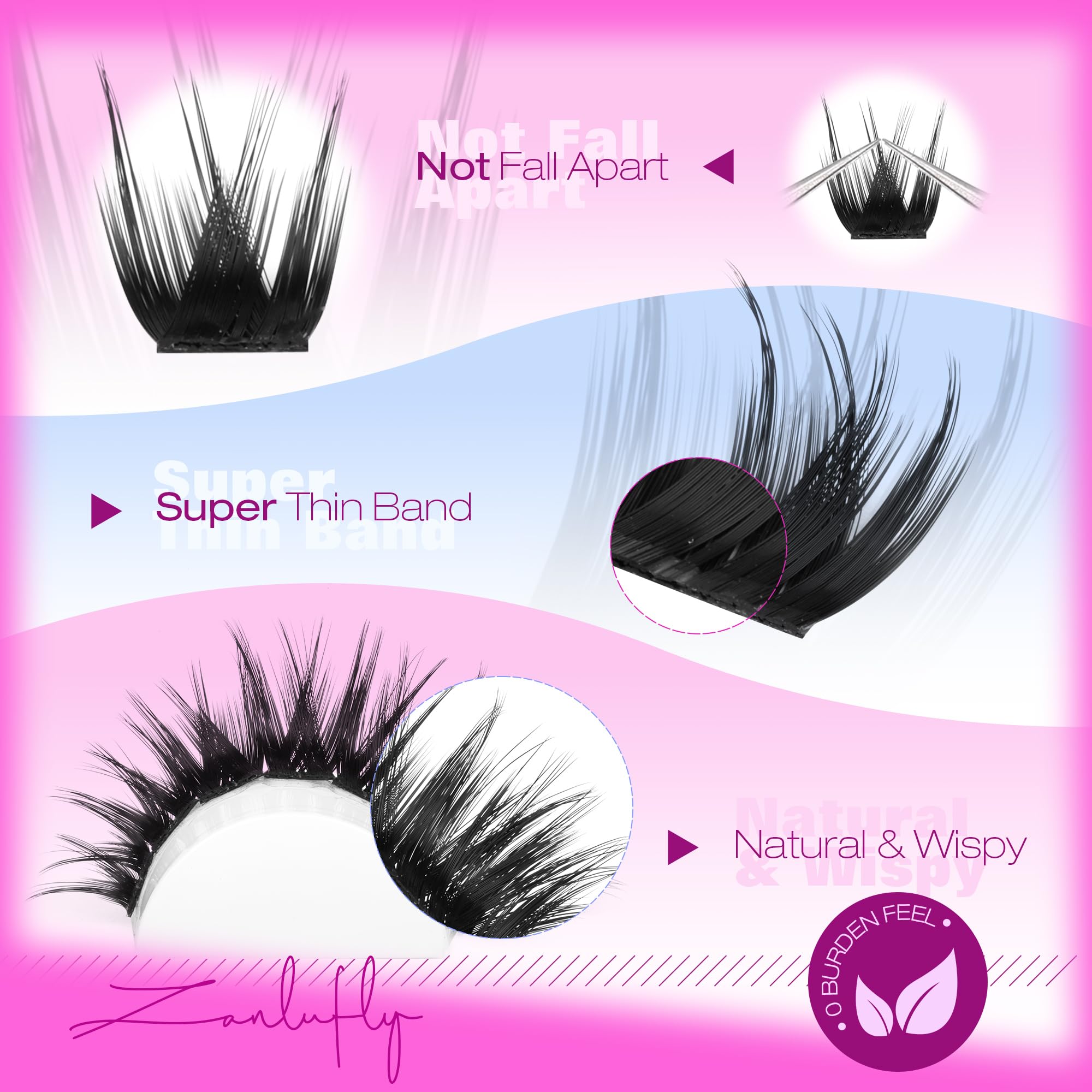ZANLUFLY Wispy Lash Clusters D Curl 180Pcs | Natural 3D Look, 10-18mm