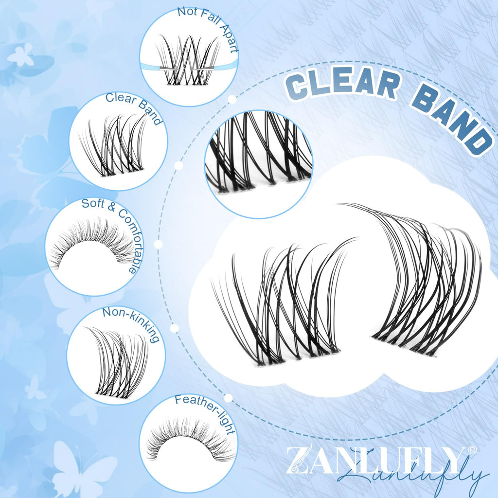 ZANLUFLY Natural Lash Clusters Kit – Invisible Band Wispy DIY Lashes (8–16mm)