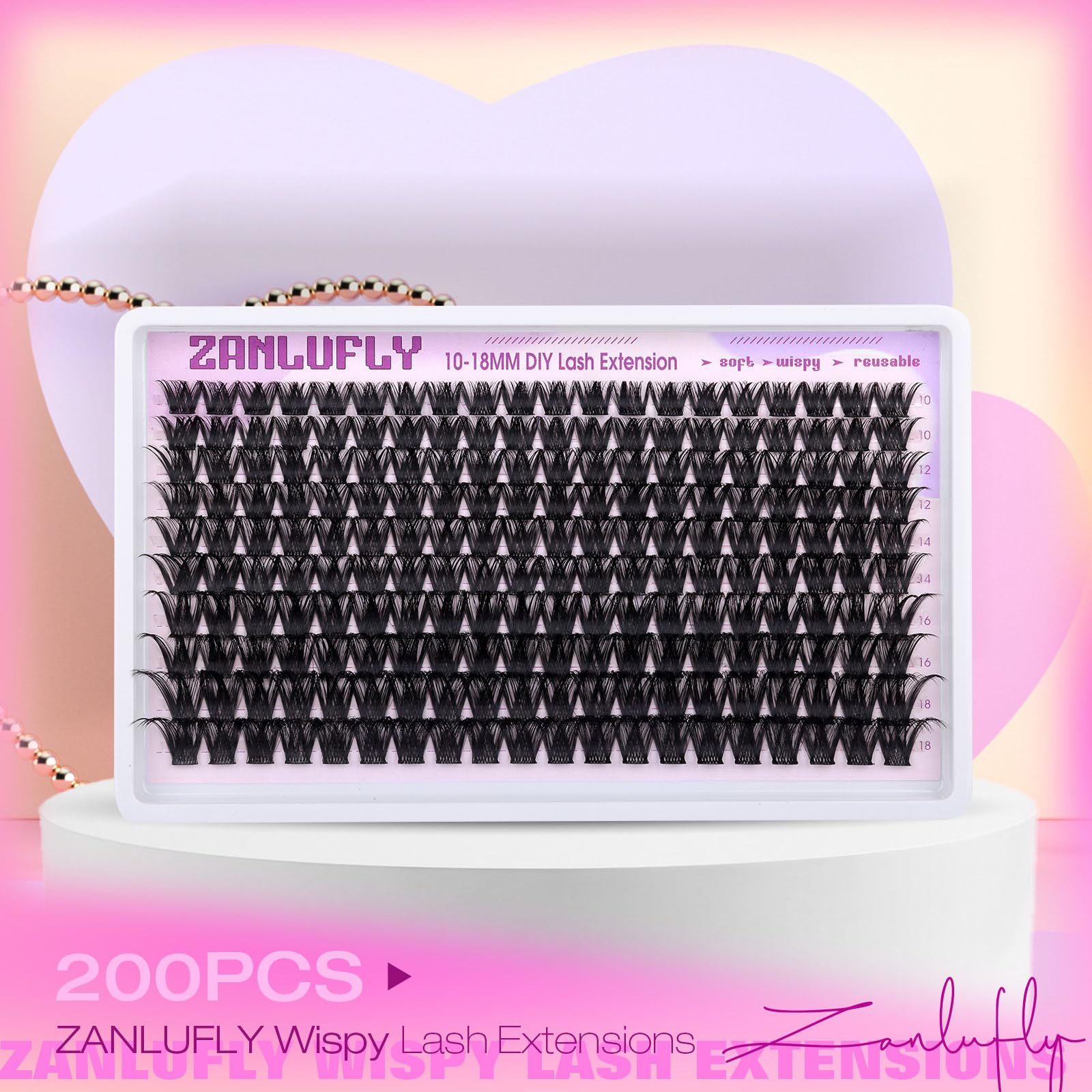 Zanlufly Lash Clusters Wispy Eyelash Extensions 200PCS DIY D-Curl 10-18mm