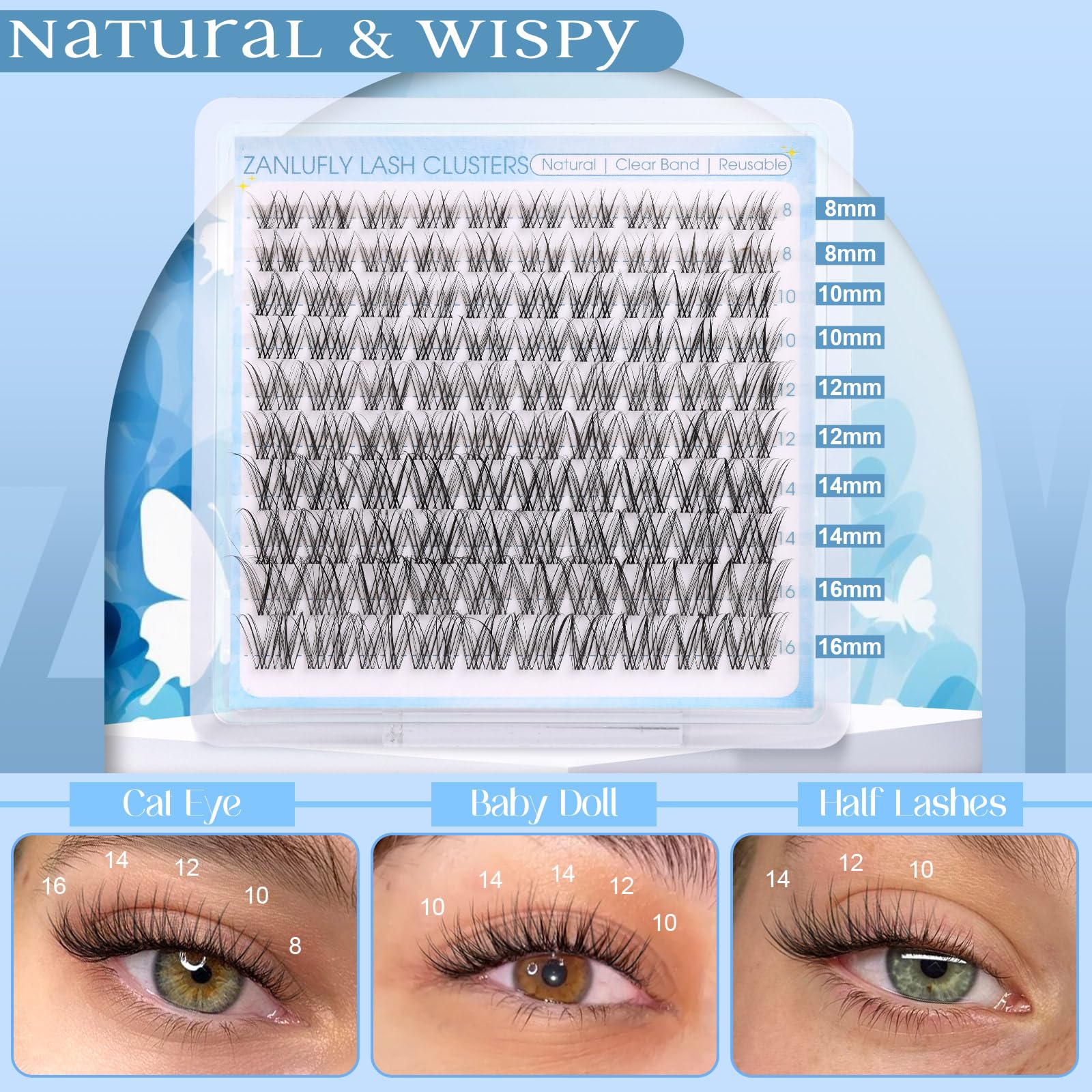 ZANLUFLY Natural Lash Clusters Kit – Invisible Band Wispy DIY Lashes (8–16mm)