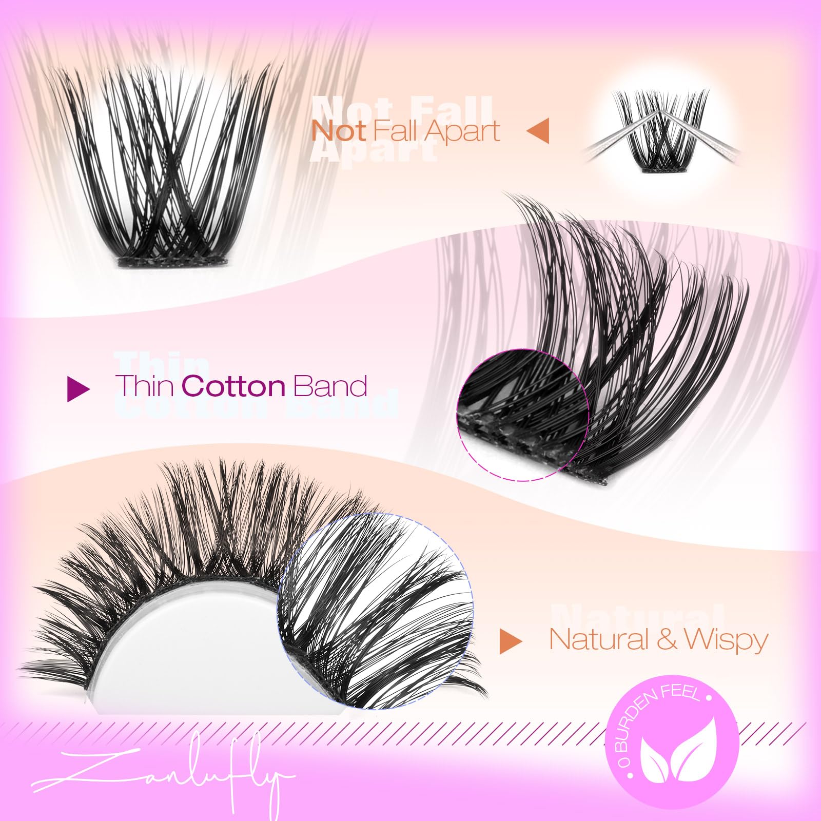 Zanlufly Lash Clusters Wispy Eyelash Extensions 200PCS DIY D-Curl 10-18mm