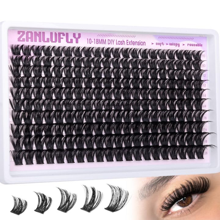 Zanlufly Lash Clusters Wispy Eyelash Extensions 200PCS DIY D-Curl 10-18mm