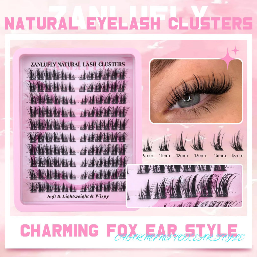 Zanlufly Lash Clusters Kit – Cat Eye Wispy Lashes 9-15mm, 120Pcs with Bond & Seal