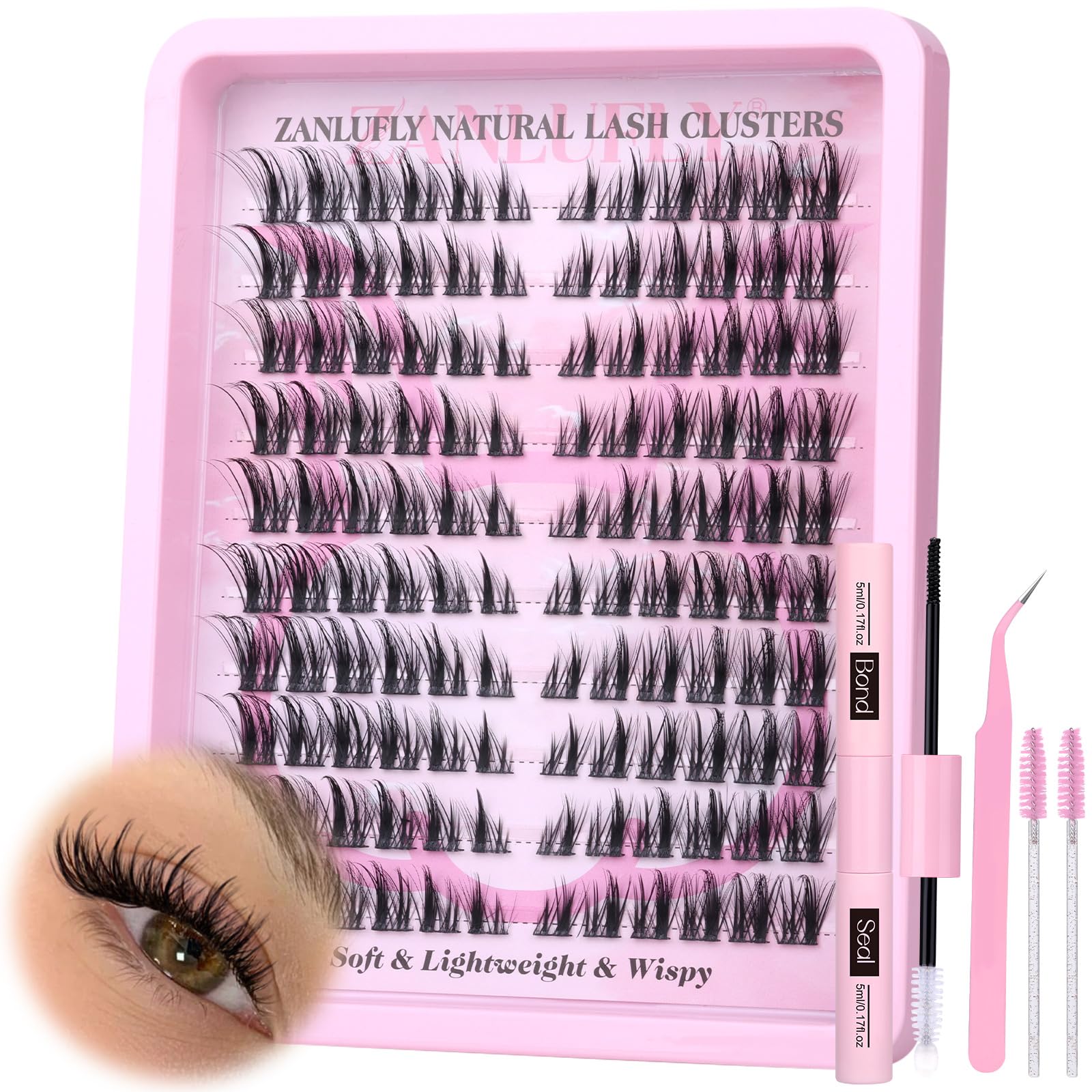 Zanlufly Lash Clusters Kit – Cat Eye Wispy Lashes 9-15mm, 120Pcs with Bond & Seal