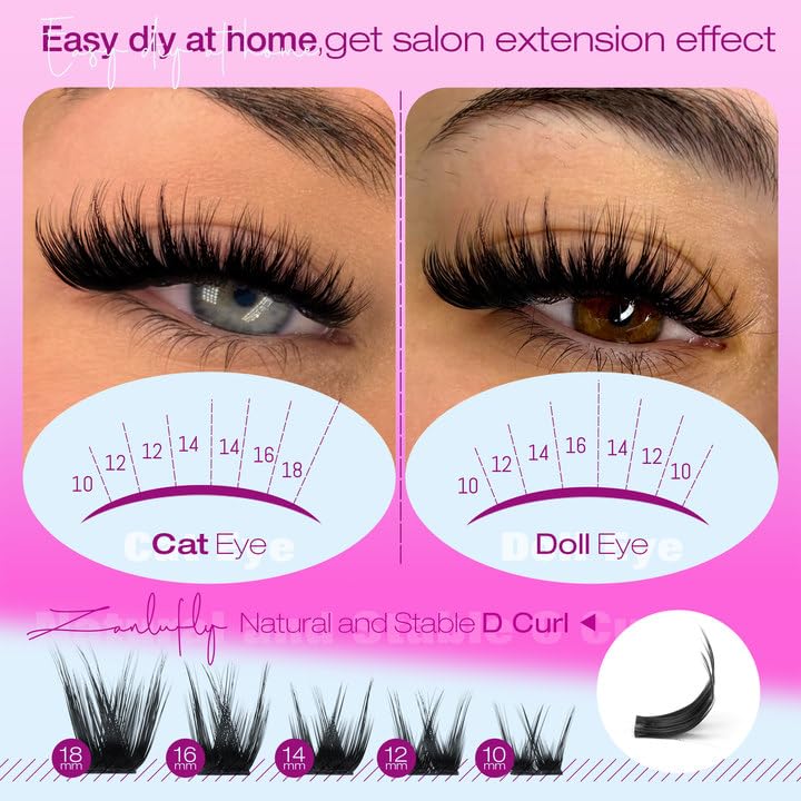 ZANLUFLY Wispy Lash Clusters D Curl 180Pcs | Natural 3D Look, 10-18mm
