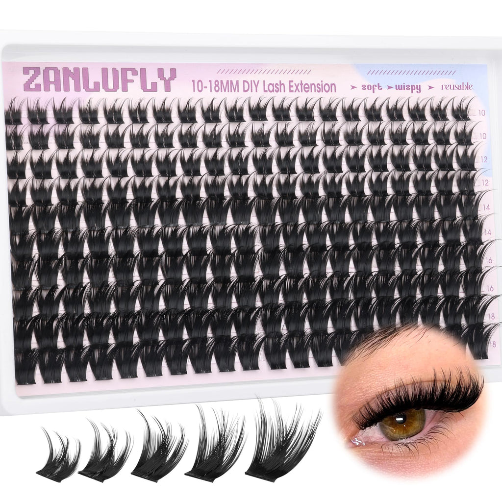 ZANLUFLY Wispy Lash Clusters — D-Curl DIY Eyelash Extensions, 200Pcs, 10-18mm