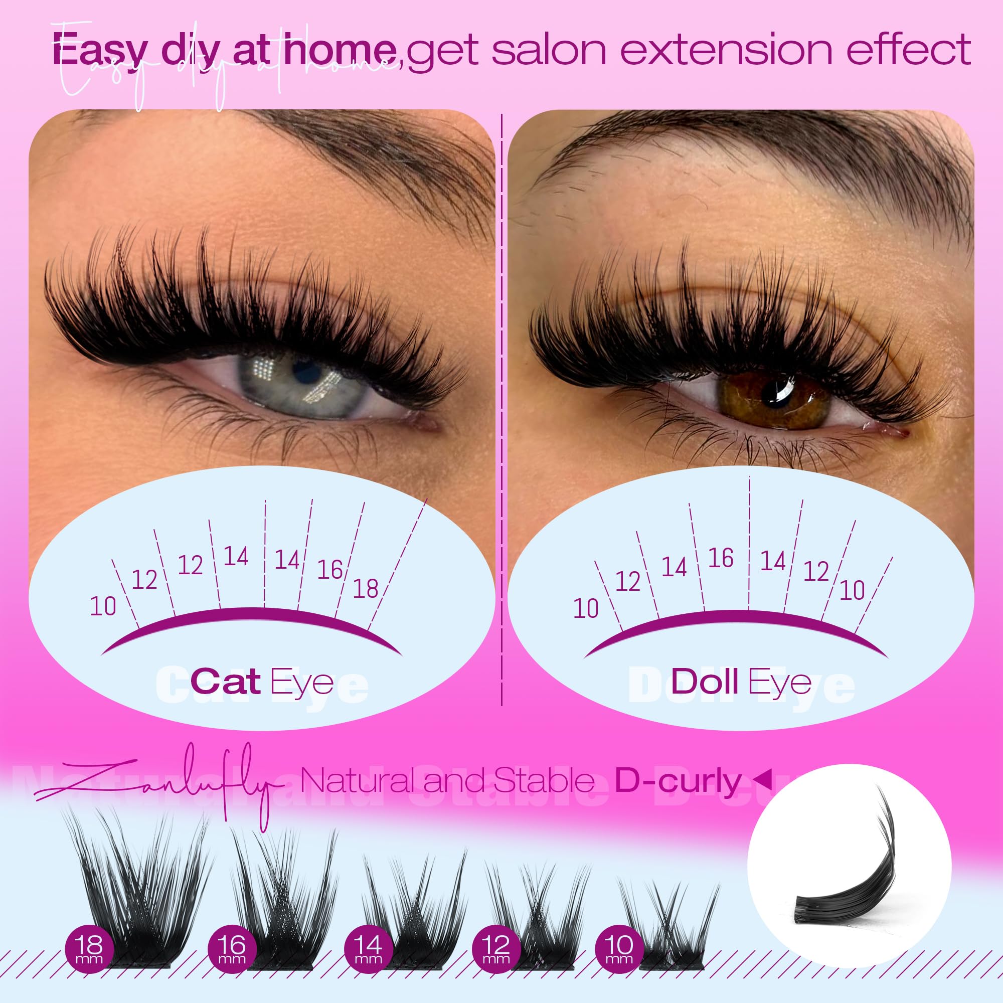 ZANLUFLY Wispy Lash Clusters — D-Curl DIY Eyelash Extensions, 200Pcs, 10-18mm