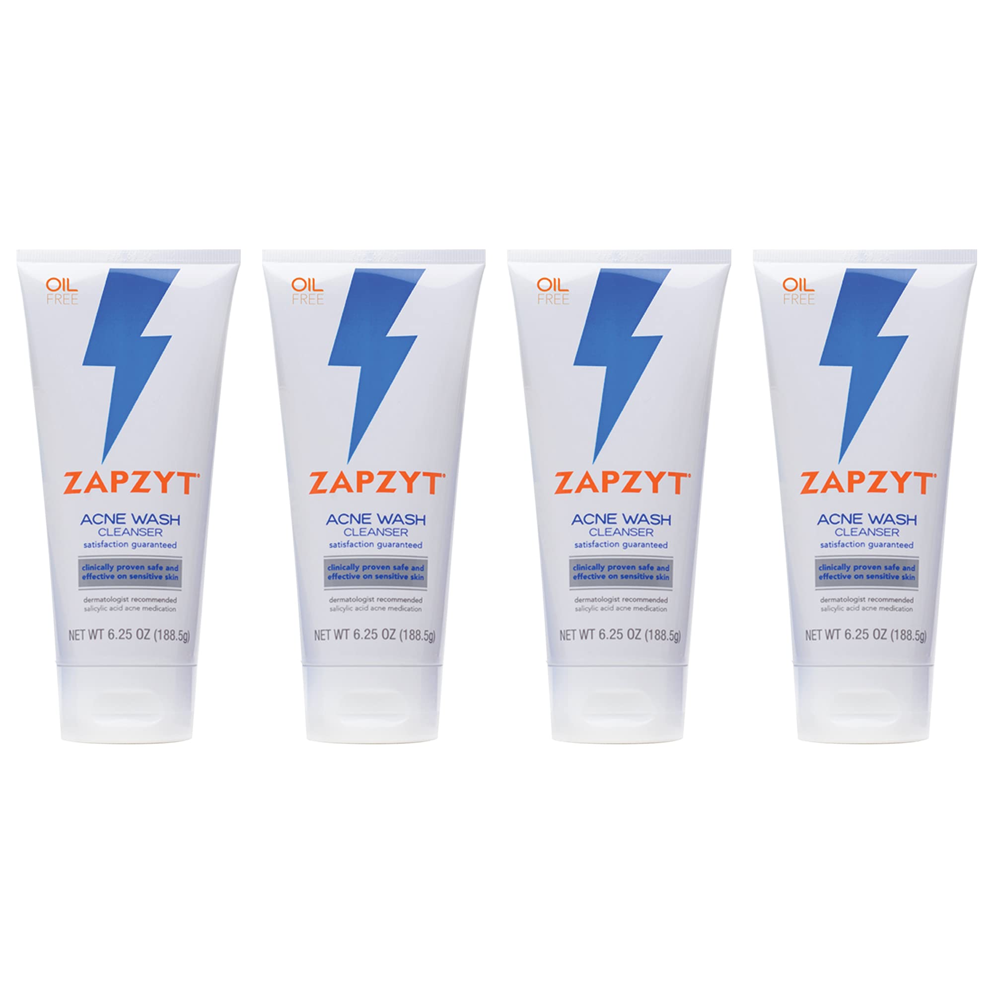 Zapzyt Acne Wash with 2% Salicylic Acid – 6.25 oz (Pack of 4) | Oil-Free, Fragrance-Free