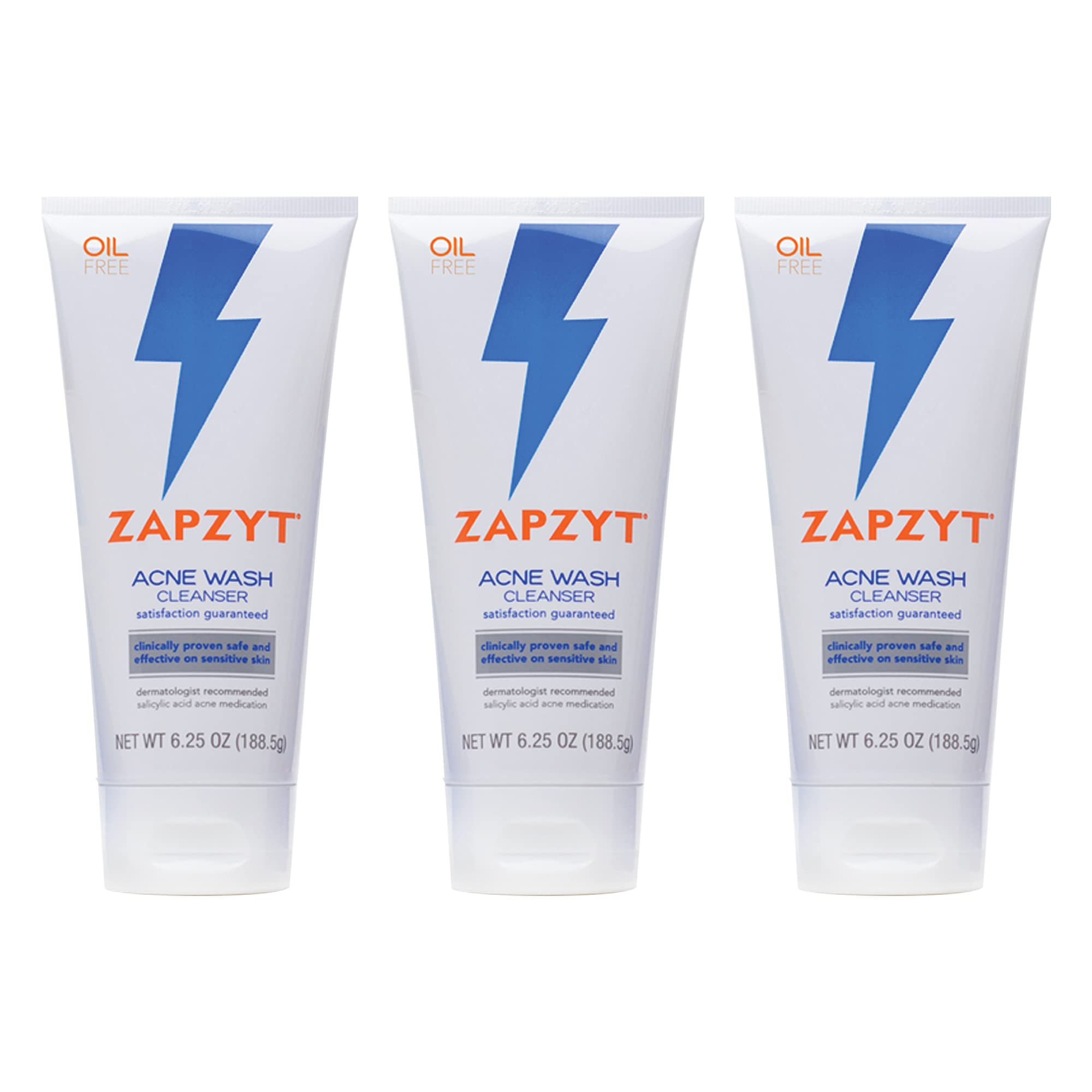 Zapzyt Acne Wash with 2% Salicylic Acid – Oil-Free, Fragrance-Free, 6.25 oz (Pack of 3)