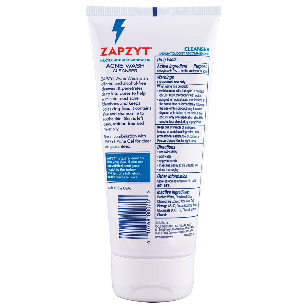 Zapzyt Acne Wash with 2% Salicylic Acid – 6.25 oz (Pack of 4) | Oil-Free, Fragrance-Free