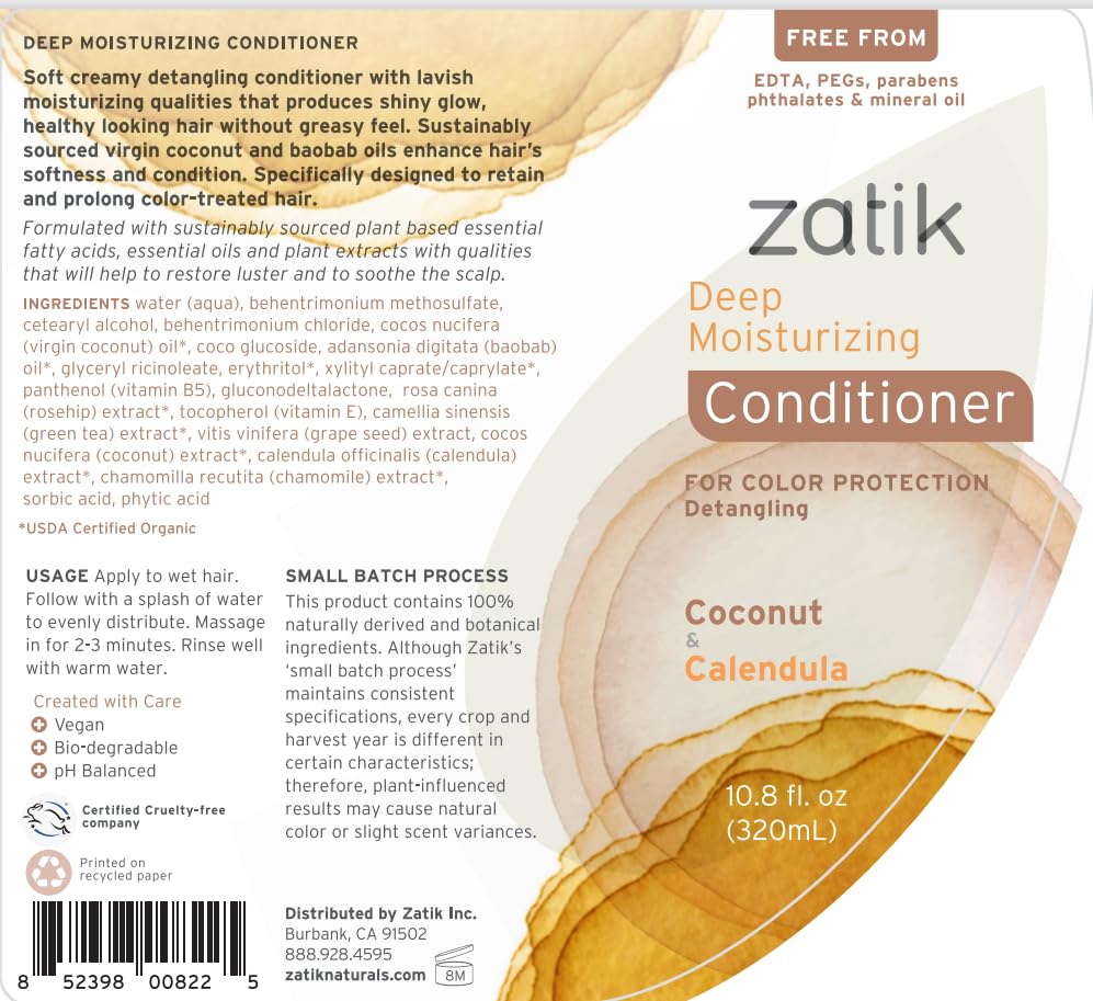 Zatik Naturals Deep Moisturizing Shampoo + Conditioner Set – Coconut & Calendula, Color-Treated Hair