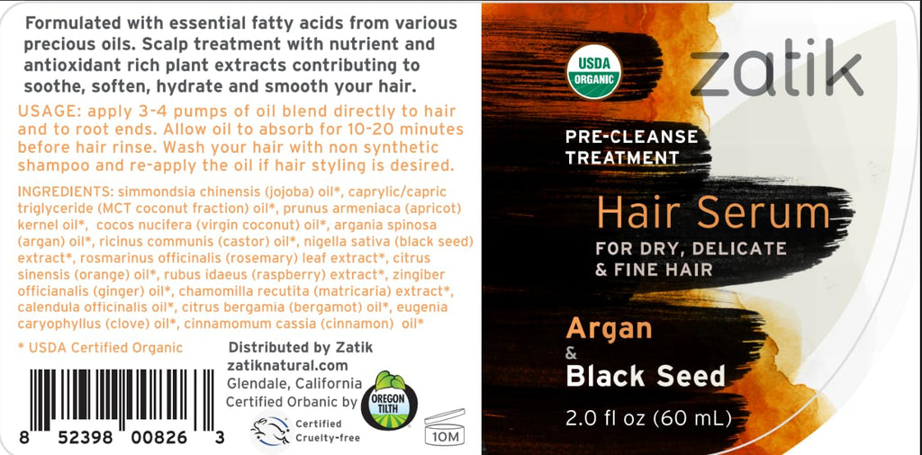 Zatik Naturals Hair Serum with Argan & Black Seed Oil – Curl Enhancing for Fine Hair, Vegan, Organic, Alcohol-Free, pH Balanced 60ml