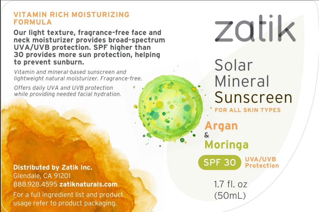 Zatik Naturals Solar Mineral Sunscreen with Argan & Moringa — SPF 30, Vegan, pH Balanced (1.7 oz / 50 ml)