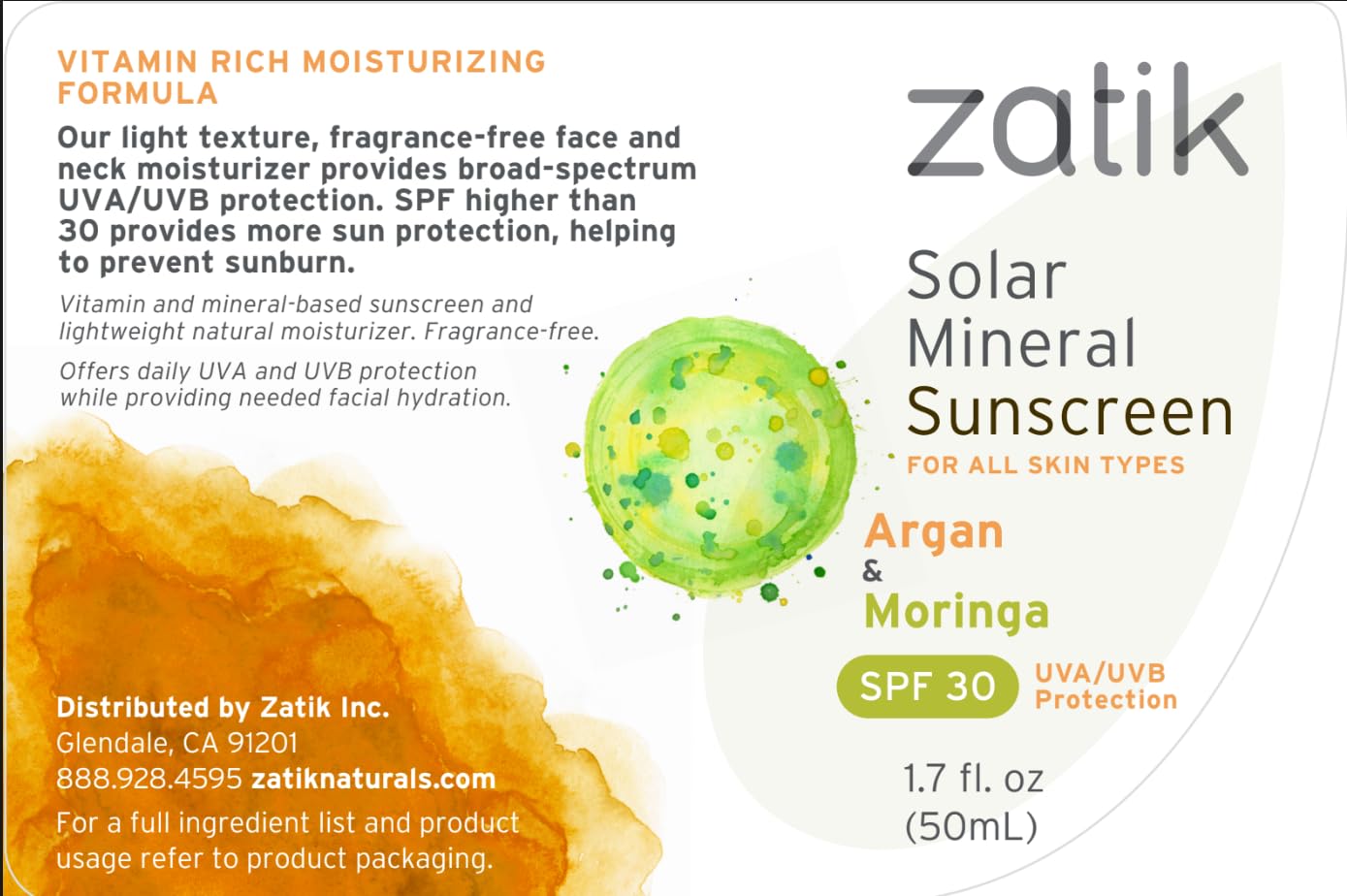Zatik Naturals Solar Mineral Sunscreen with Argan & Moringa — SPF 30, Vegan, pH Balanced (1.7 oz / 50 ml)