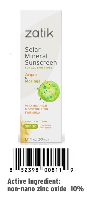 Zatik Naturals Solar Mineral Sunscreen with Argan & Moringa — SPF 30, Vegan, pH Balanced (1.7 oz / 50 ml)