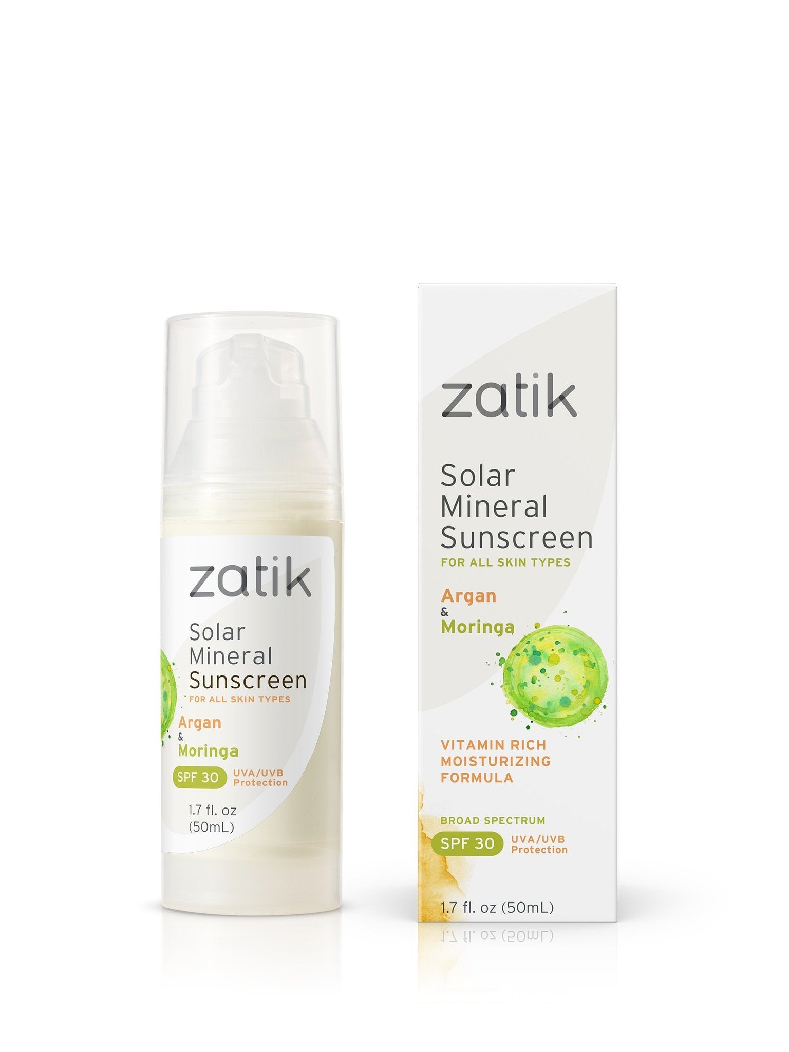 Zatik Naturals Solar Mineral Sunscreen with Argan & Moringa — SPF 30, Vegan, pH Balanced (1.7 oz / 50 ml)