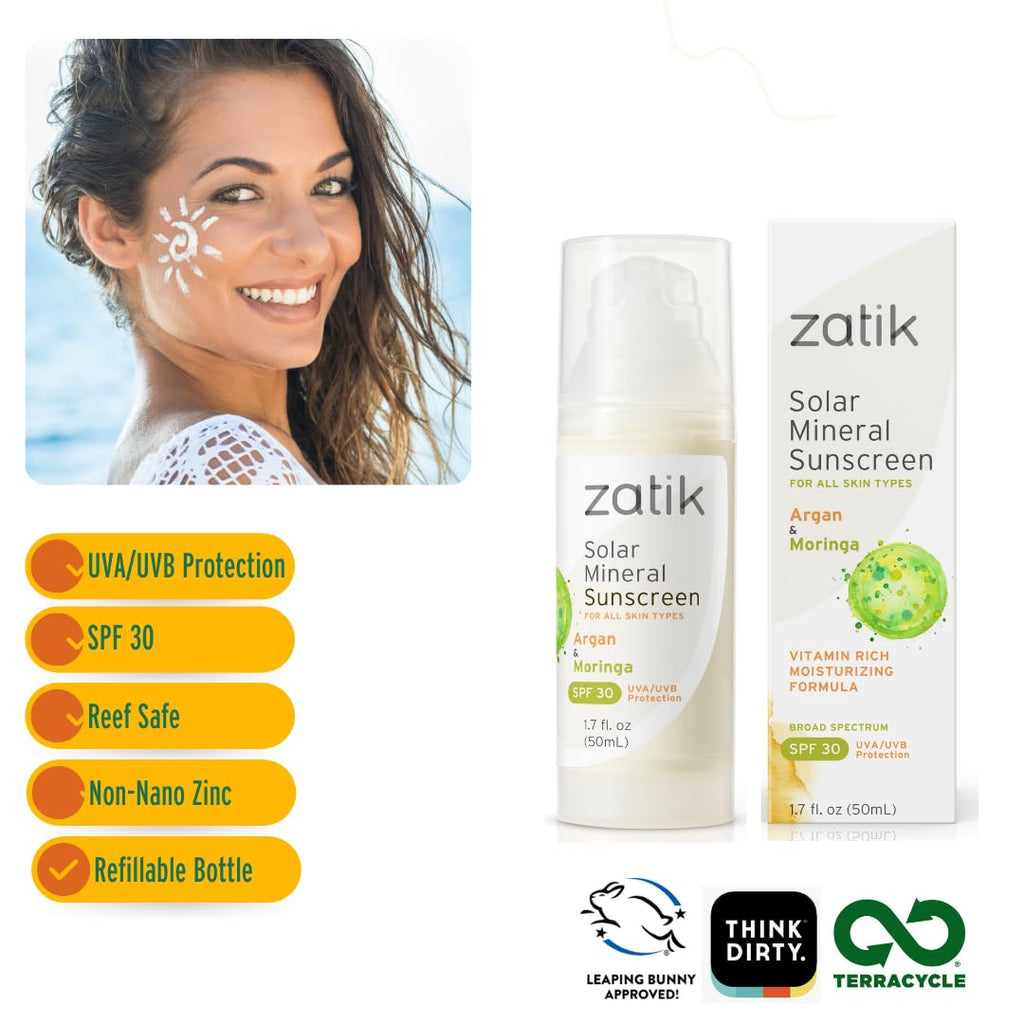Zatik Naturals Solar Mineral Sunscreen with Argan & Moringa — SPF 30, Vegan, pH Balanced (1.7 oz / 50 ml)