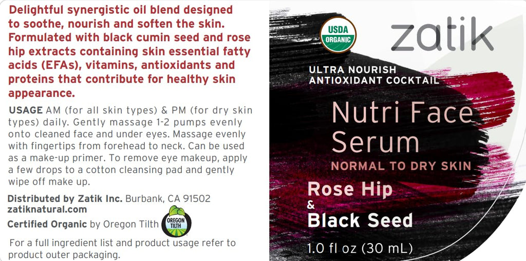 Zatik Naturals Nutri Face Serum – Rose Hip & Black Seed Oil, USDA Organic, Vegan & pH Balanced