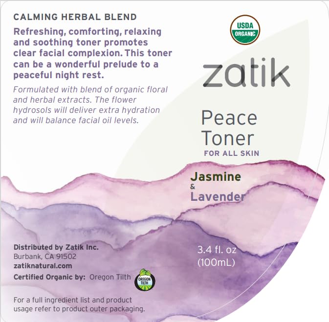 Zatik Naturals Peace Toner – Jasmine & Lavender, USDA Organic, Alcohol-Free (3.4 oz)