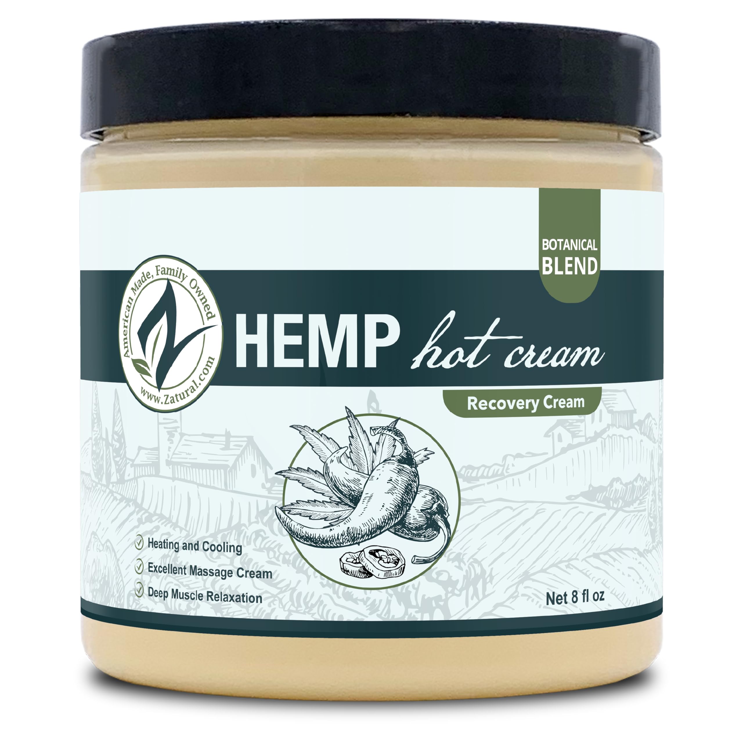 Zatural Hemp Hot Cream Massage – Organic, Heats & Cools, 8oz Jar