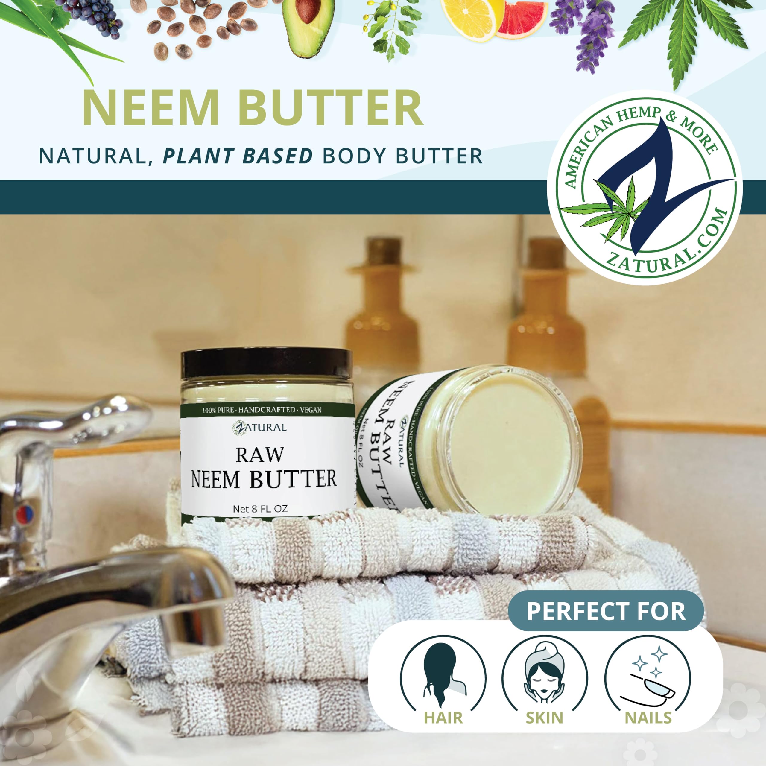 Zatural Organic Neem Butter-Coconut Oil Cream for Sensitive Skin, 2 Pack, 8 oz
