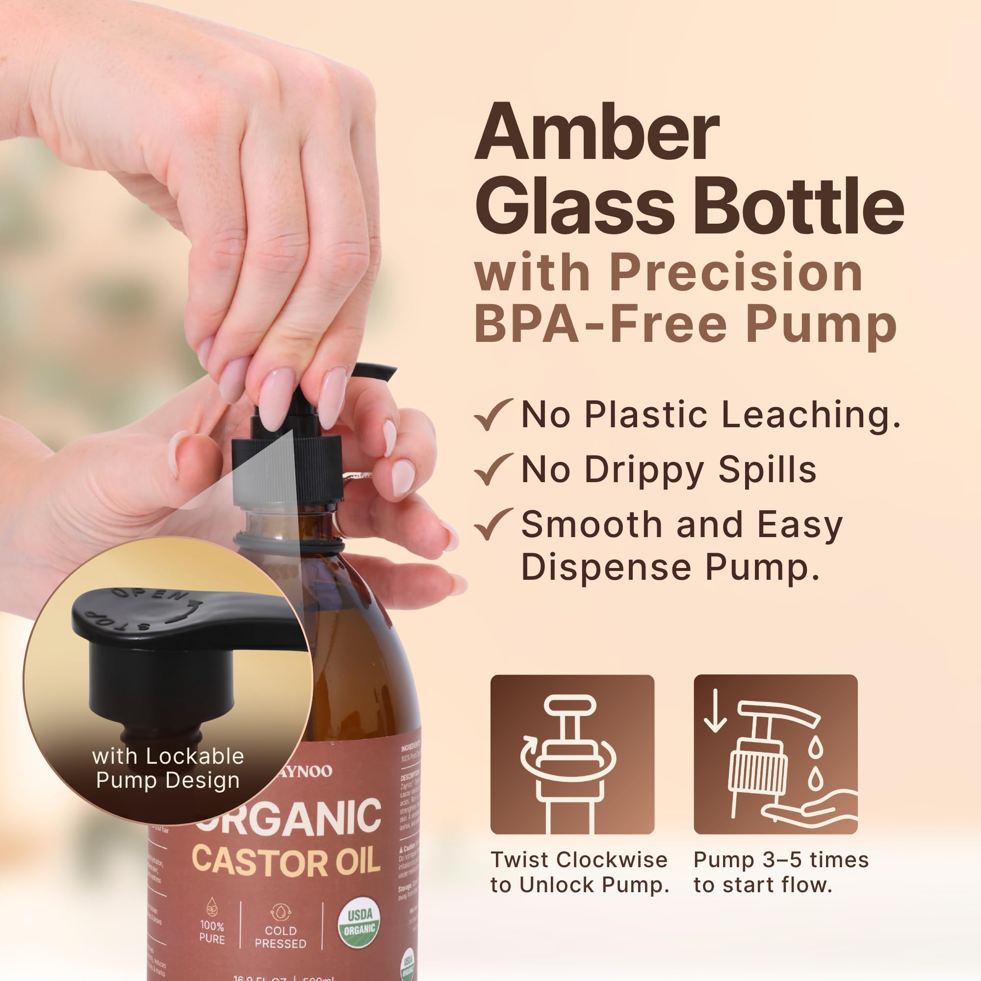 Zaynoo Organic Castor Oil 16.9 oz – Cold Pressed, Hexane Free, USDA Certified, Glass Bottle with BPA-Free Pump