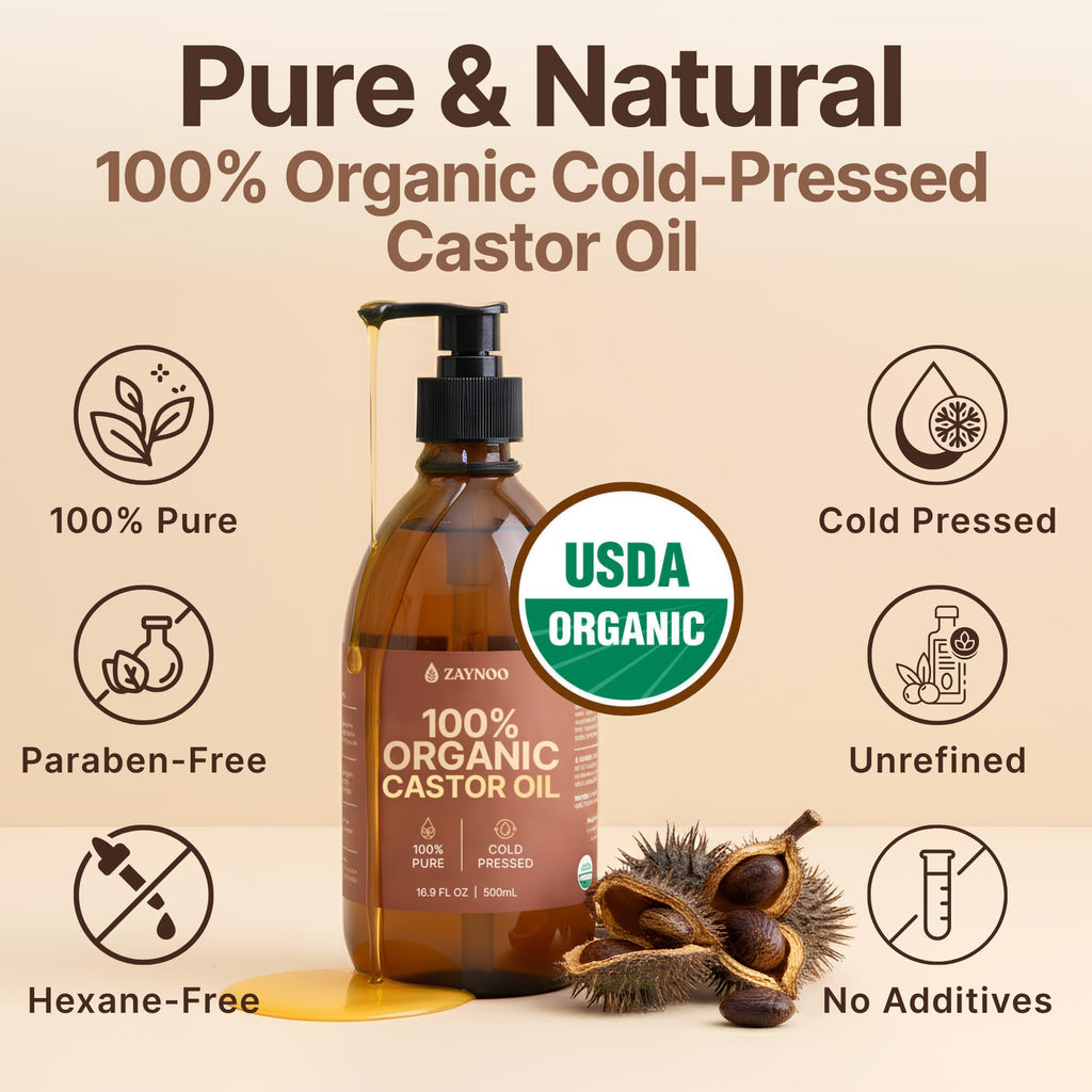 Zaynoo Organic Castor Oil 16.9 oz – Cold Pressed, Hexane Free, USDA Certified, Glass Bottle with BPA-Free Pump