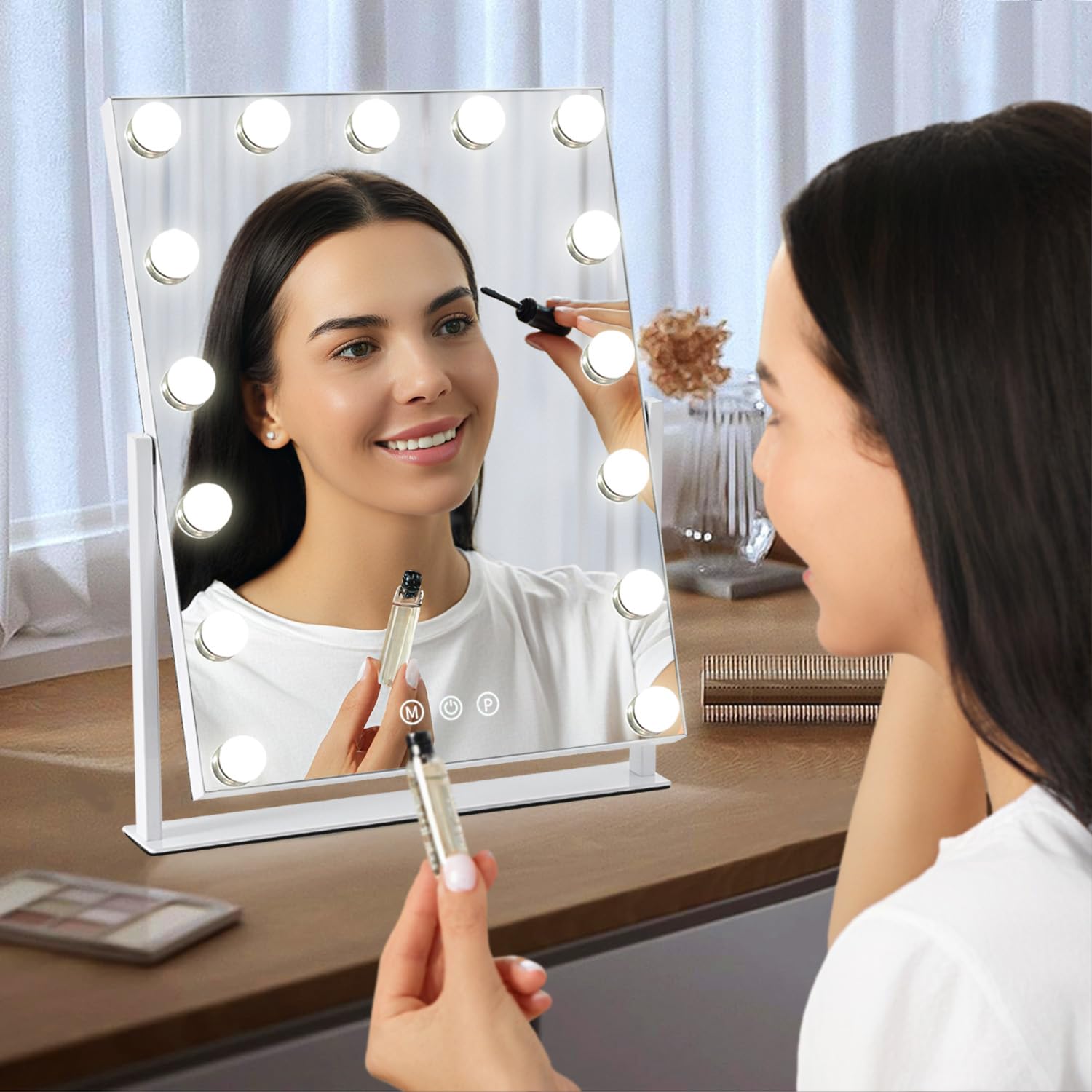 ZBOCAI Vanity Mirror with Lights — 17'' x 13'', 15 Dimmable Bulbs, 3 Color Modes, Smart Touch, 360° Rotation