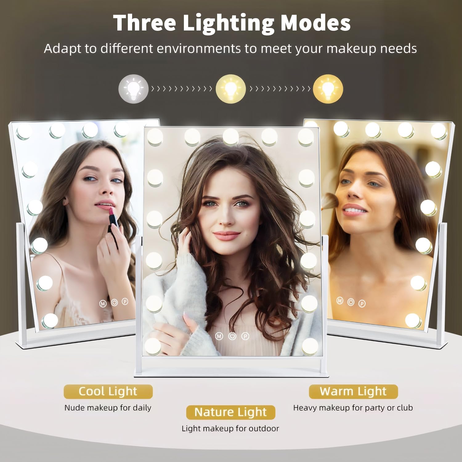 ZBOCAI Vanity Mirror with Lights — 17'' x 13'', 15 Dimmable Bulbs, 3 Color Modes, Smart Touch, 360° Rotation
