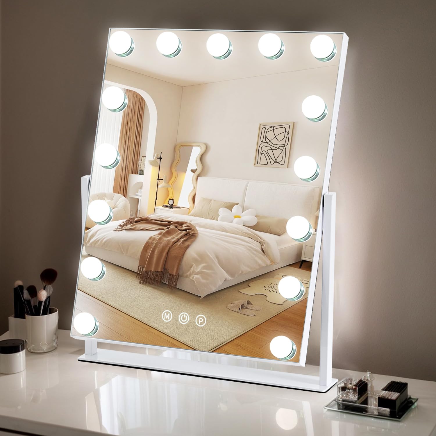 ZBOCAI Vanity Mirror with Lights — 17'' x 13'', 15 Dimmable Bulbs, 3 Color Modes, Smart Touch, 360° Rotation