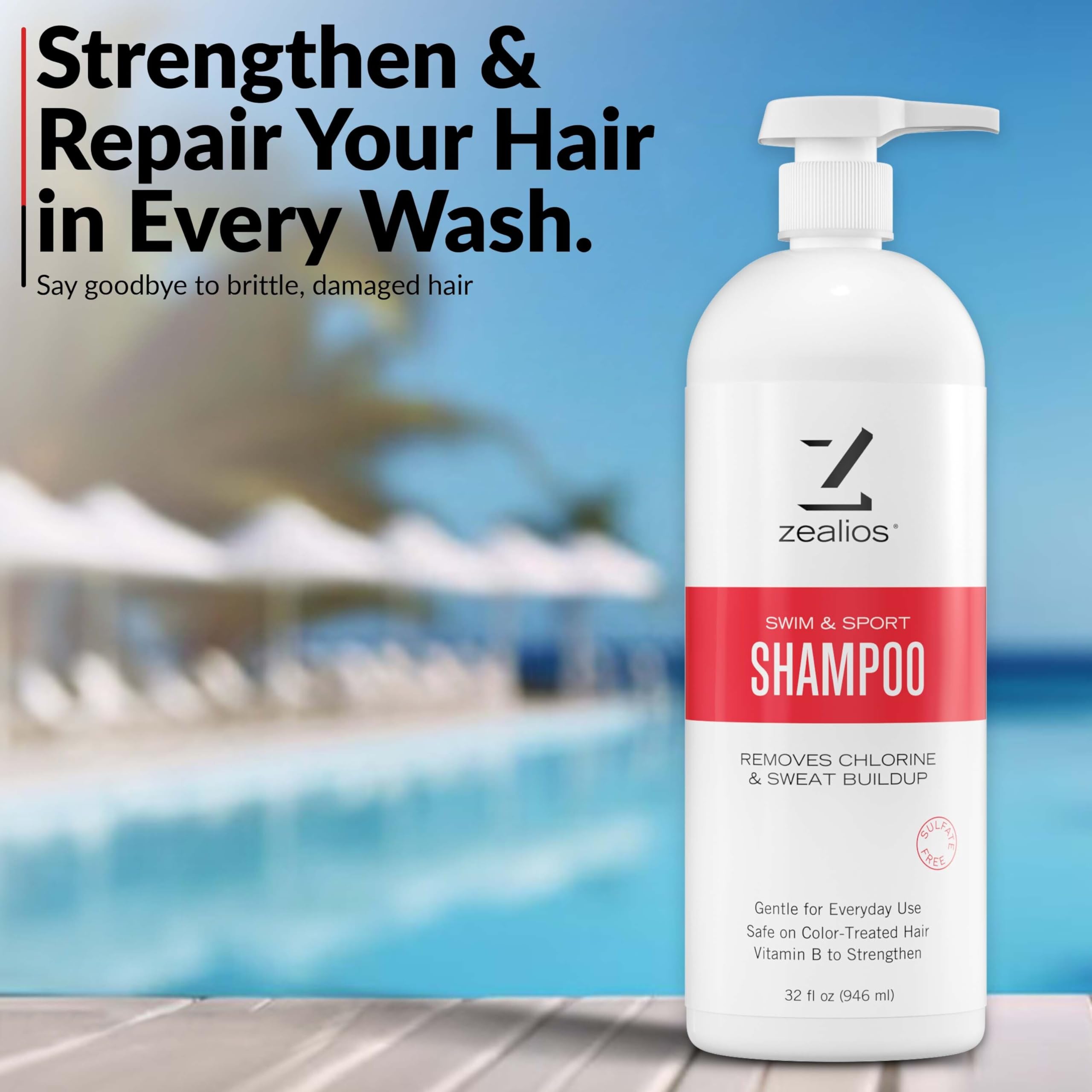 Zealios Swim & Sport Clarifying Shampoo – 32 oz Pump, Chlorine & Salt Removal, Sulfate-Free, Color-Safe