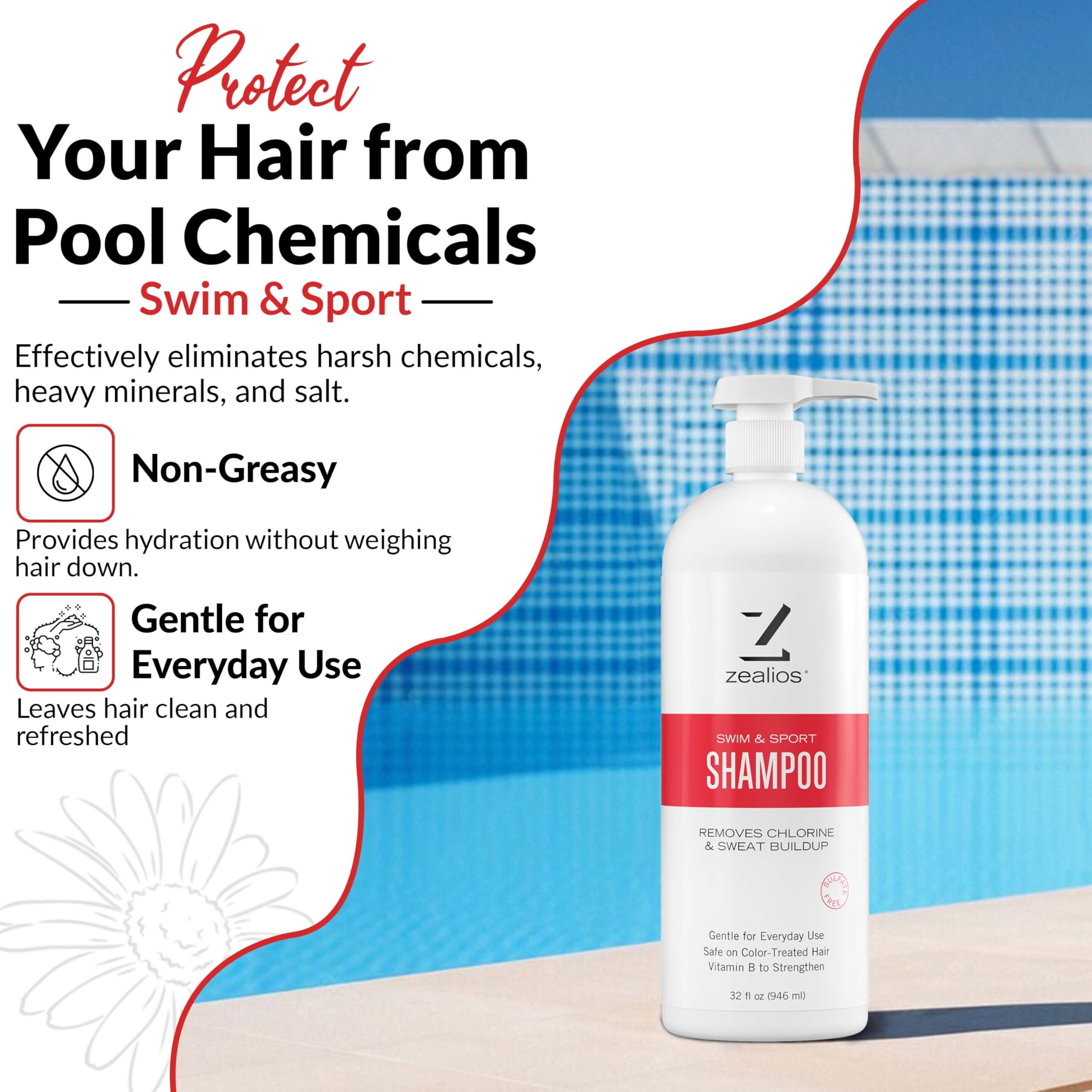 Zealios Swim & Sport Clarifying Shampoo – 32 oz Pump, Chlorine & Salt Removal, Sulfate-Free, Color-Safe