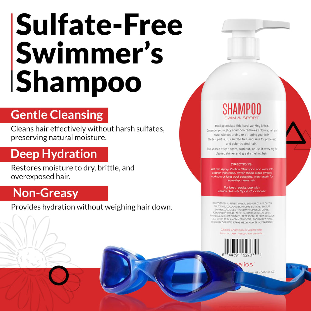 Zealios Swim & Sport Clarifying Shampoo – 32 oz Pump, Chlorine & Salt Removal, Sulfate-Free, Color-Safe