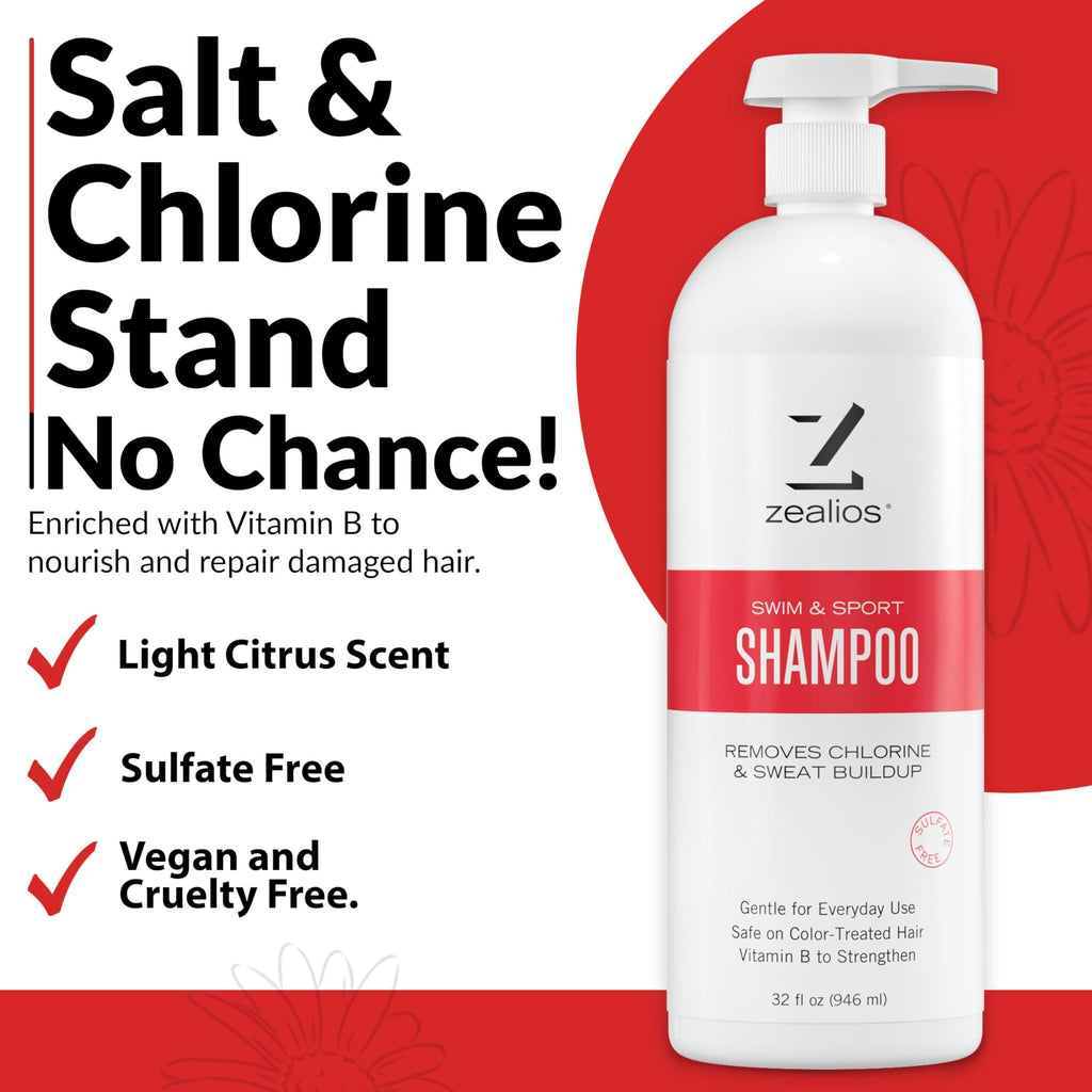 Zealios Swim & Sport Clarifying Shampoo – 32 oz Pump, Chlorine & Salt Removal, Sulfate-Free, Color-Safe