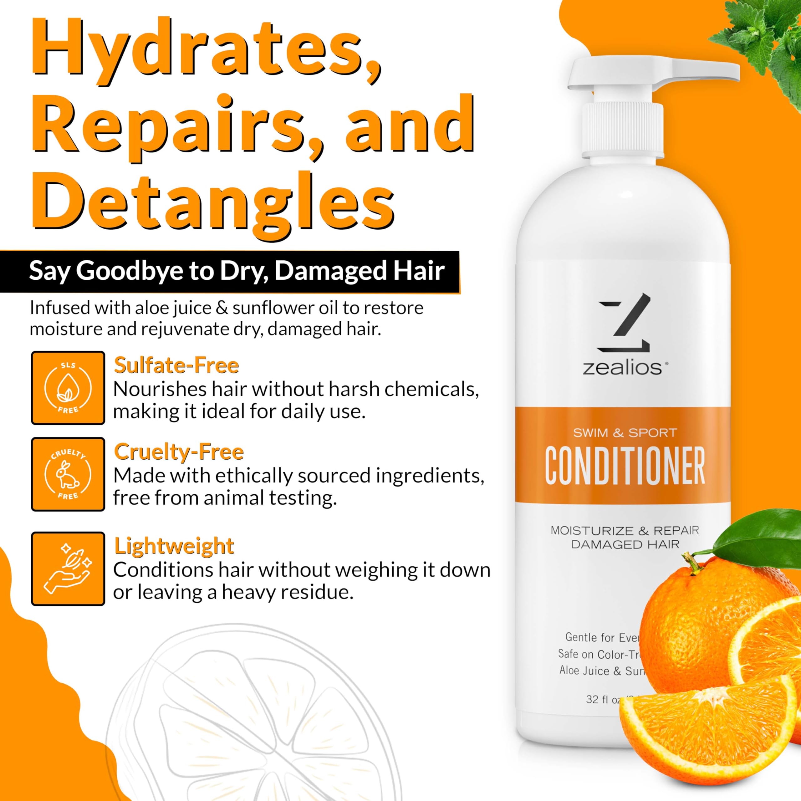 Zealios Swim & Sport Conditioner 32oz | Sulfate-Free Hydration for Swimmers & Athletes