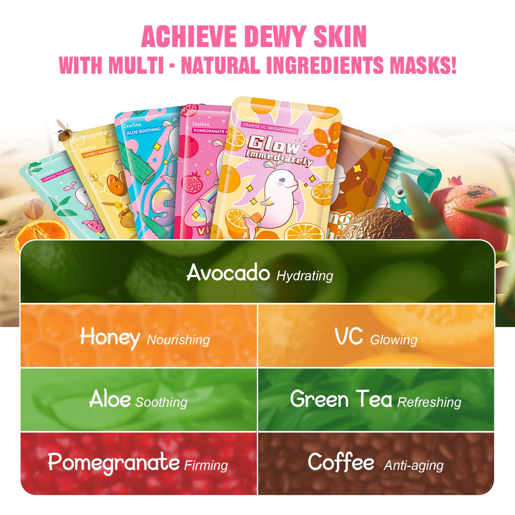 ZealSea 21-Pack Face Masks – Hydrating, Soothing Sheet Masks for All Skin Types