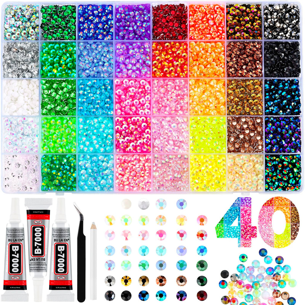 Zefy 40 Colors Resin Jelly Rhinestones Kit – 5mm Flatback Gems, 10,000 Pcs, 3 B7000 Glue, Crafting for Clothing, Shoes, Nails & Diamond Art