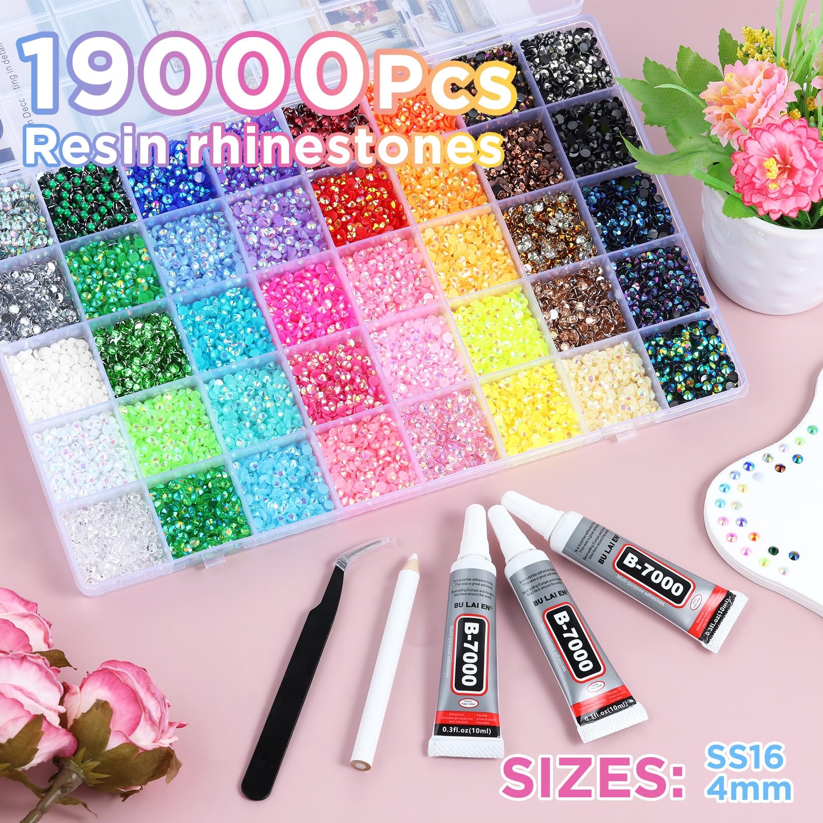 Zefy 40 Colors Resin Jelly Rhinestones – 4mm Bedazzling Kit with 19,000 Pcs & Glue