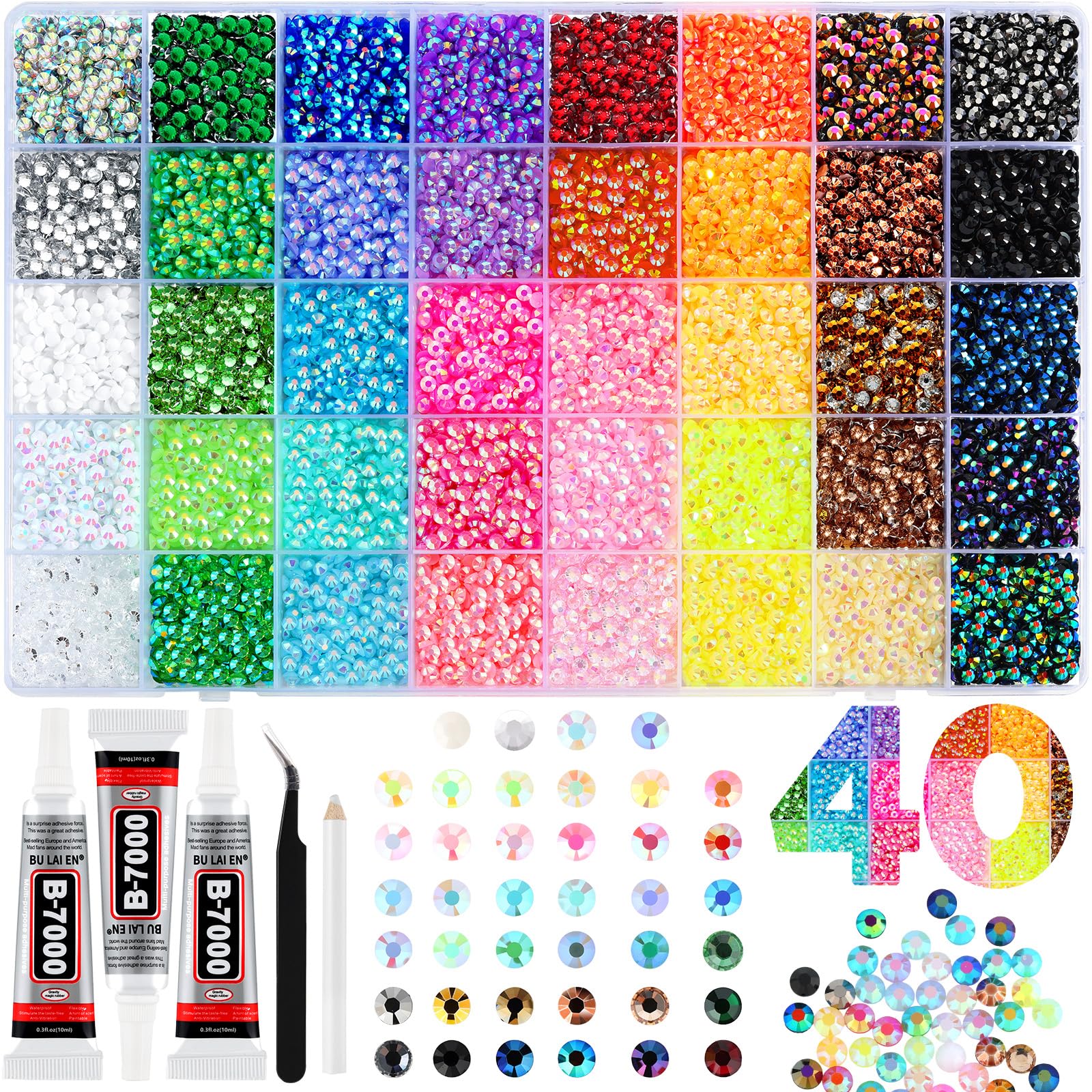 Zefy 40 Colors Resin Jelly Rhinestones – 4mm Bedazzling Kit with 19,000 Pcs & Glue
