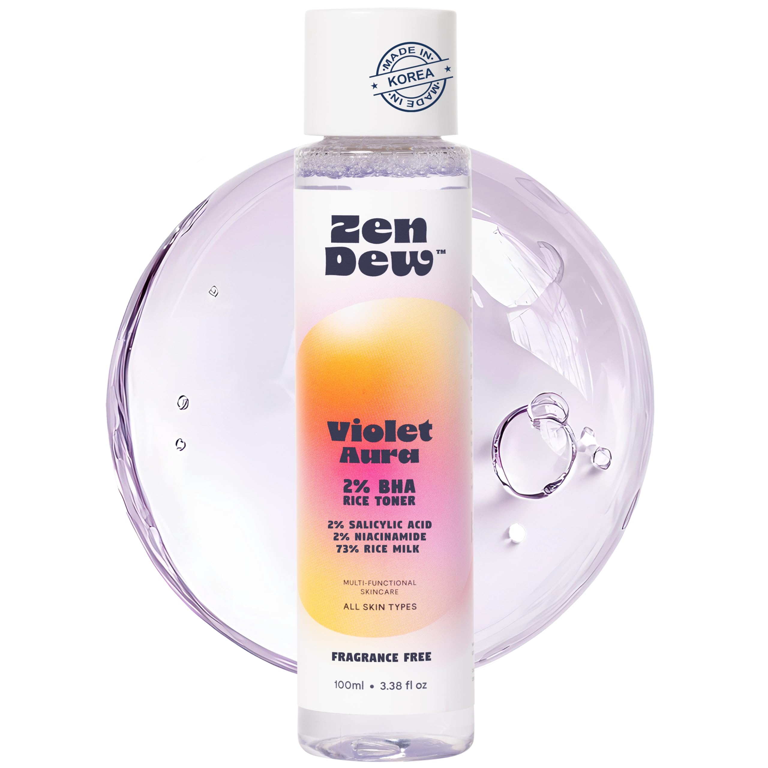 Zen Dew Violet Aura 2% BHA Toner — Gentle Exfoliation with Niacinamide & Rice Extract for Sensitive Skin