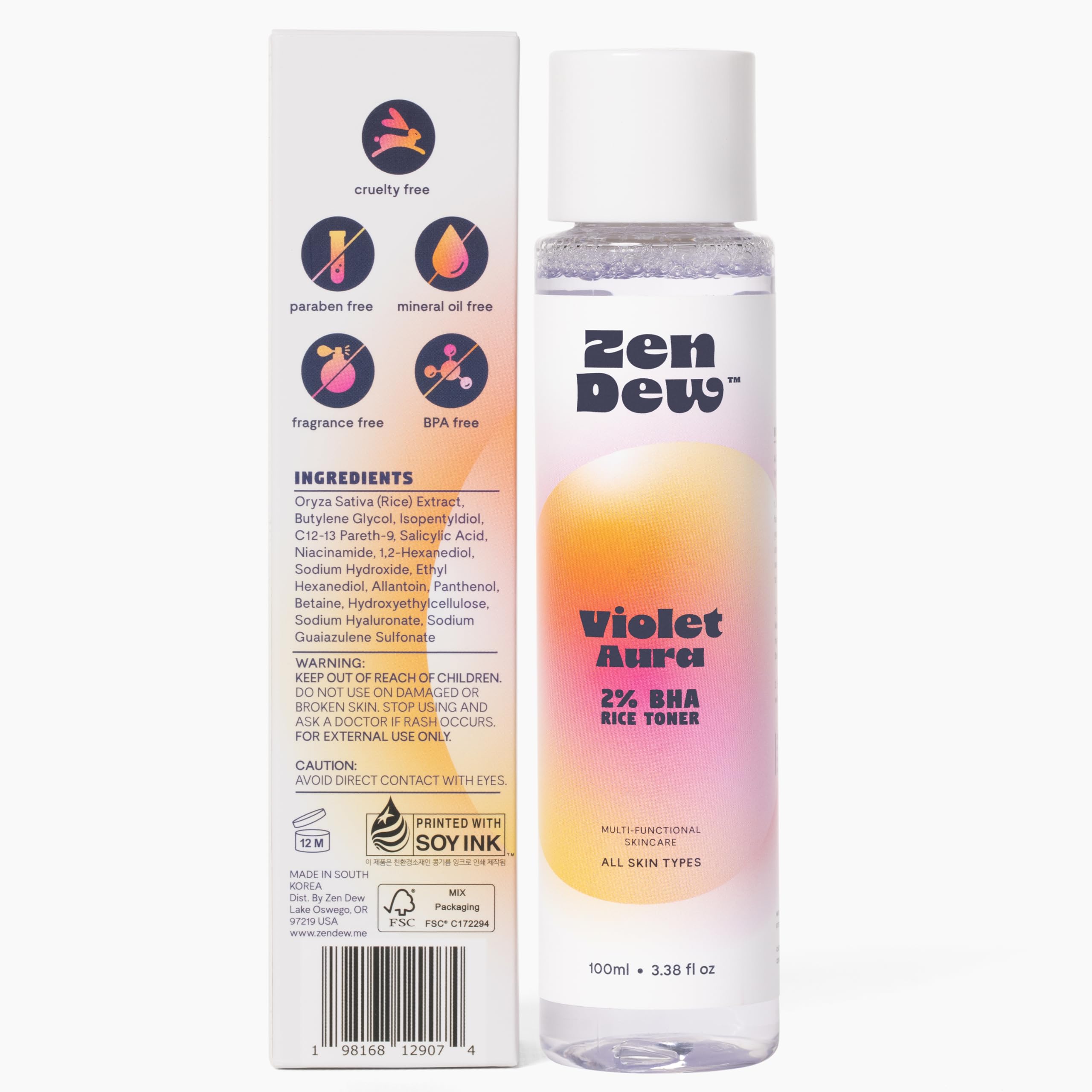 Zen Dew Violet Aura 2% BHA Toner — Gentle Exfoliation with Niacinamide & Rice Extract for Sensitive Skin