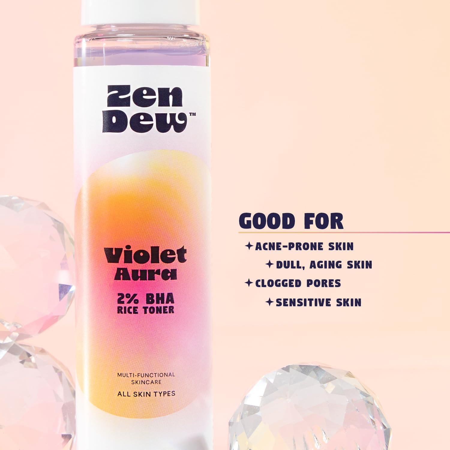 Zen Dew Violet Aura 2% BHA Toner — Gentle Exfoliation with Niacinamide & Rice Extract for Sensitive Skin